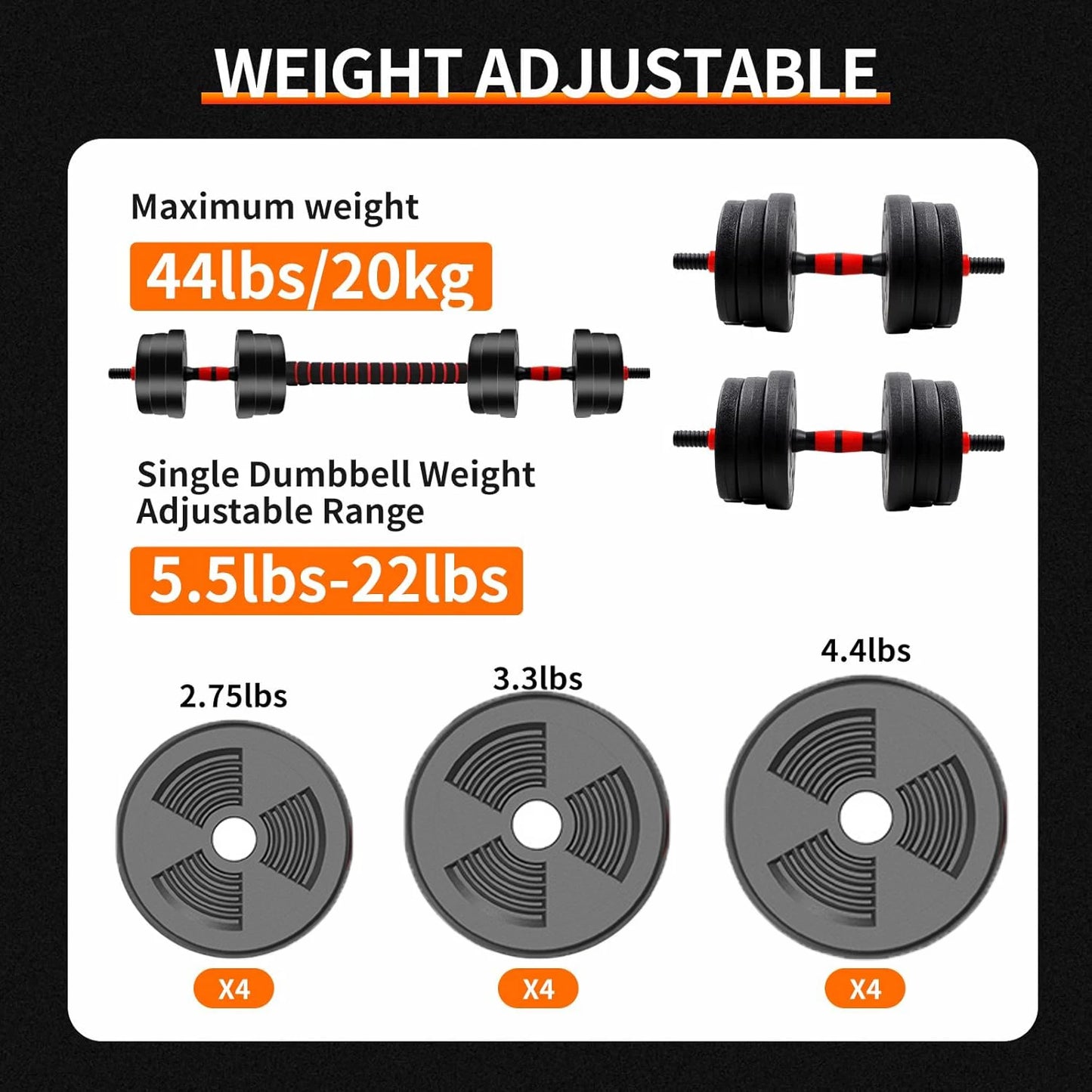 5-44 lbs Adjustable Dumbbell To Barbell Set, Anti-Slip Grip