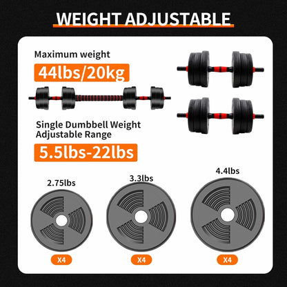 5-44 lbs Adjustable Dumbbell To Barbell Set, Anti-Slip Grip