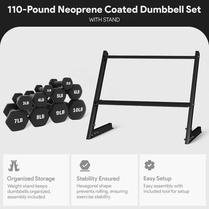 Dumbbell Set With Stand, Neoprene Coated Weights