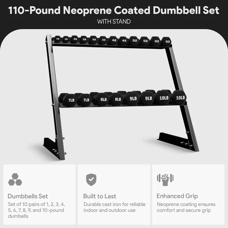 Dumbbell Set With Stand, Neoprene Coated Weights